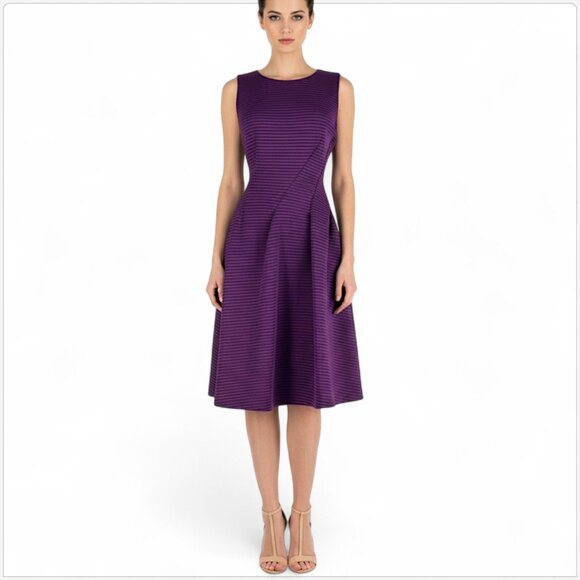 Calvin Klein Purple Stripe Fit and Flare Swirl Seam Scuba Dress NWT New 8 10 ? - Picture 1 of 5